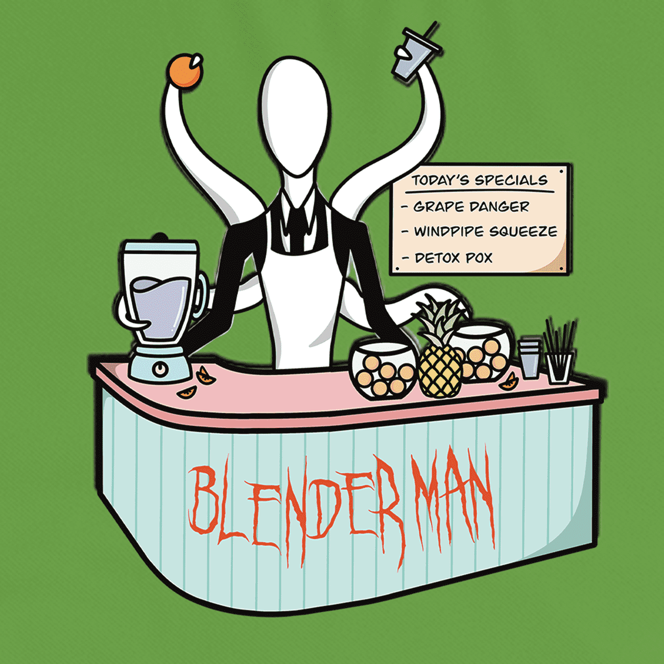 Joke horror funny take on the creepy pasta, slender man, now blender man, a juice maker.