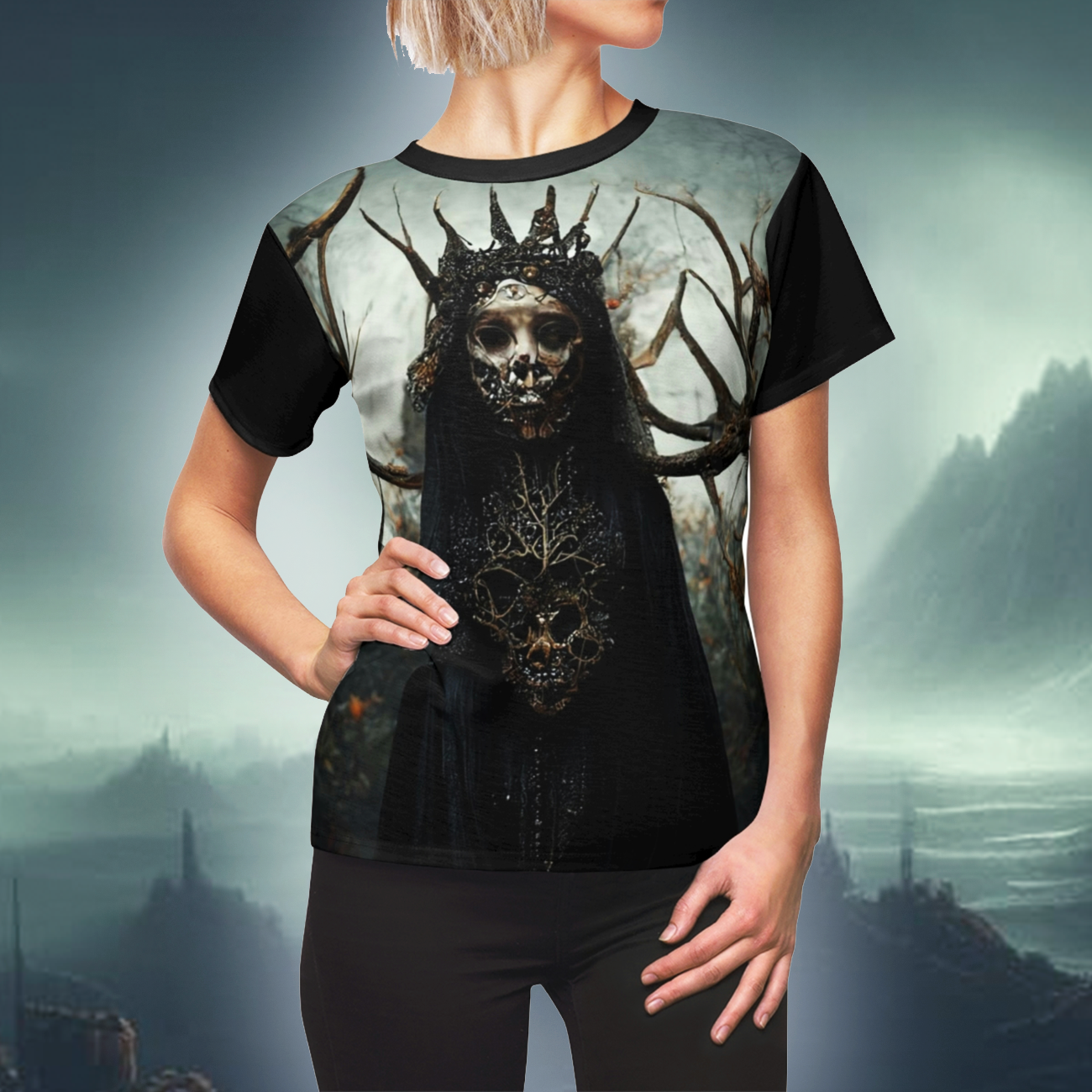 Gothic horror art t-shirt of a terrifying evil witch,