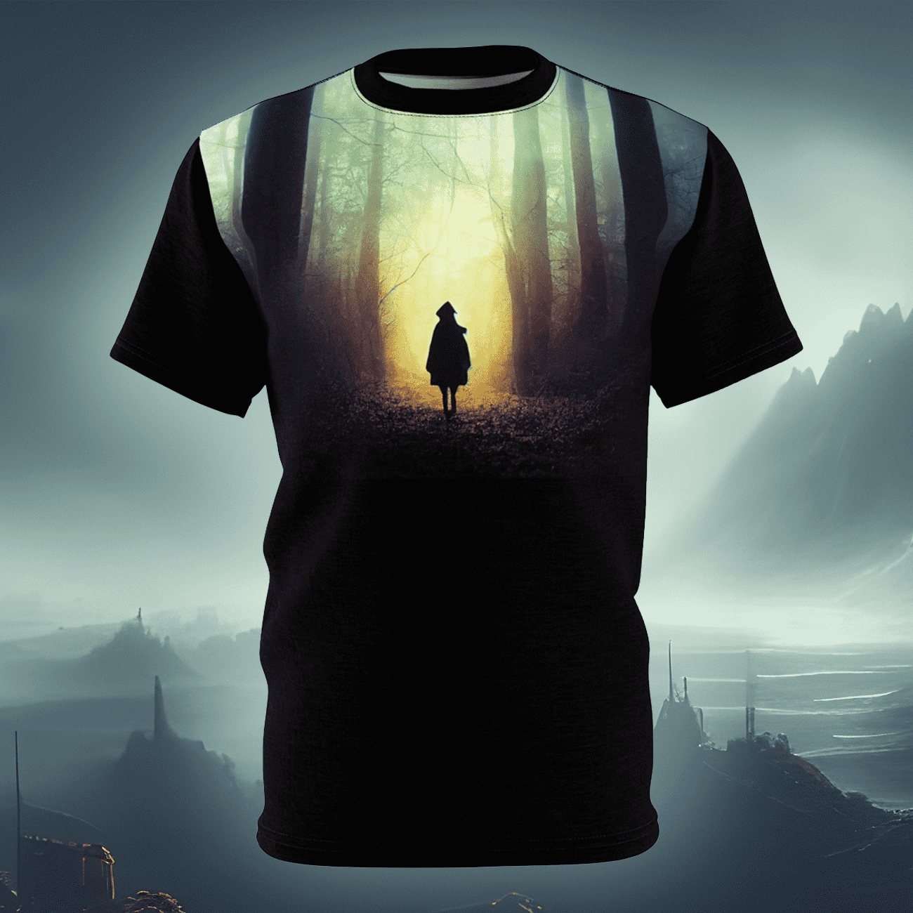 Gothic horror art t-shirt of a spooky, mysterious girl  lost in a forest. Inspired by fairytales. 