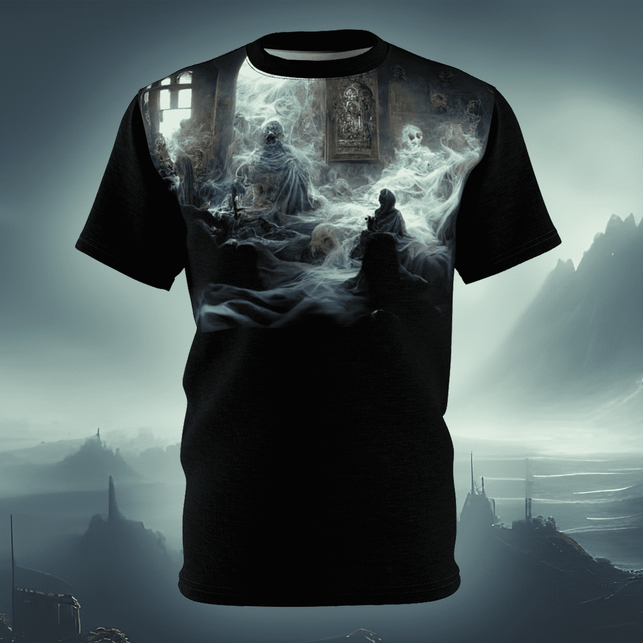 Gothic horror art t-shirt of a creepy haunted scene with ghosts in the fog. 
