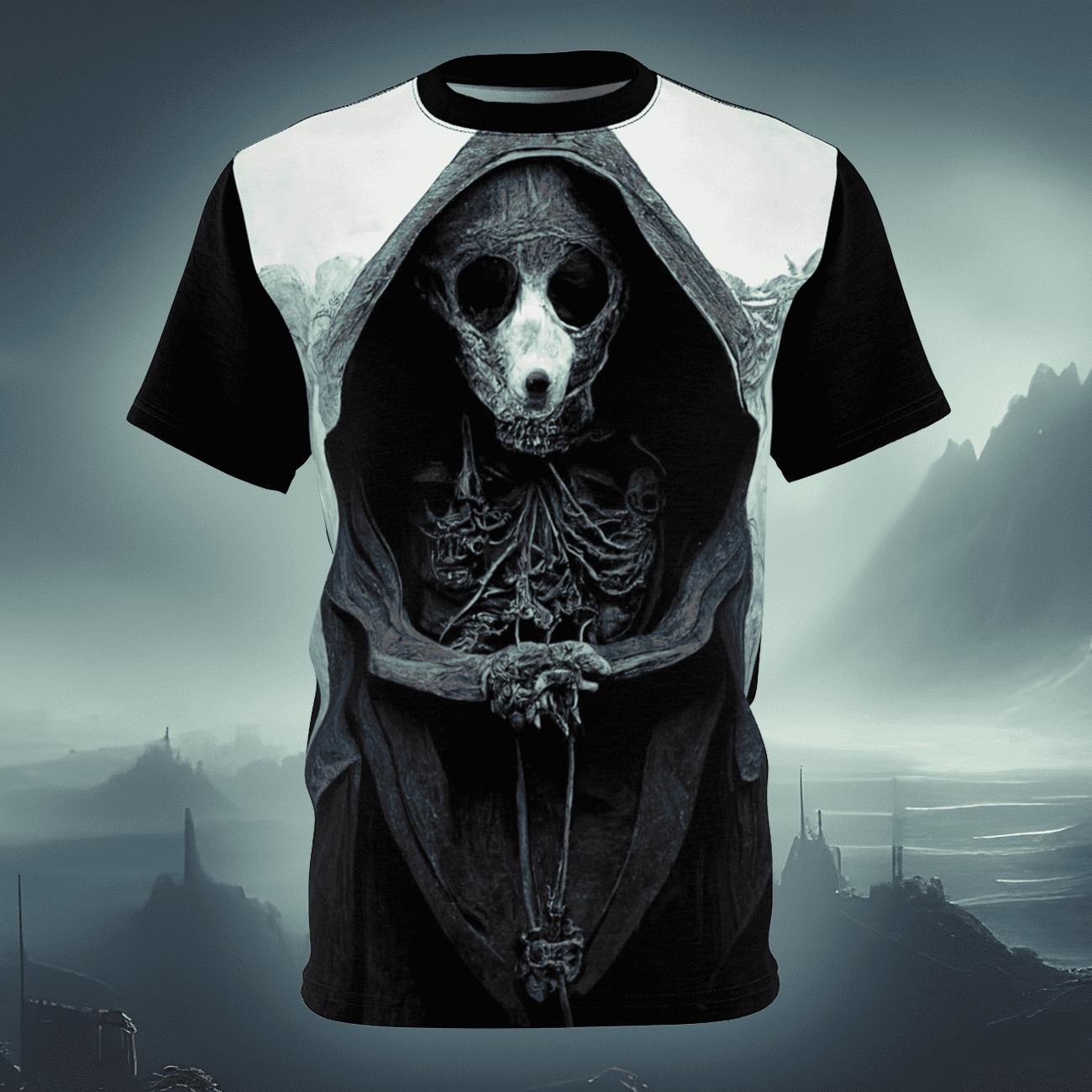 Gothic horror art t-shirt of an evil rat priest, monster.