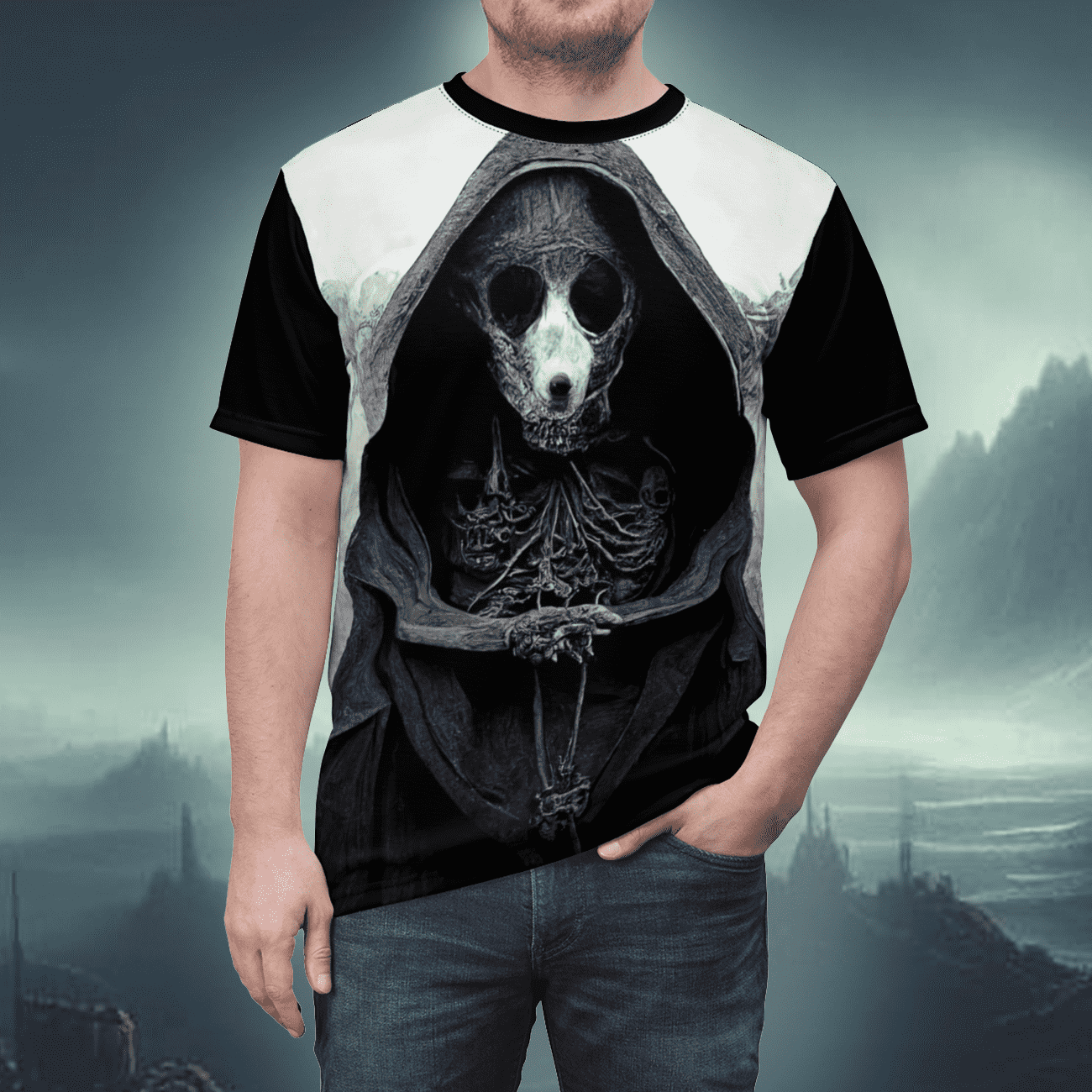 Gothic horror art t-shirt of an evil rat priest, monster.