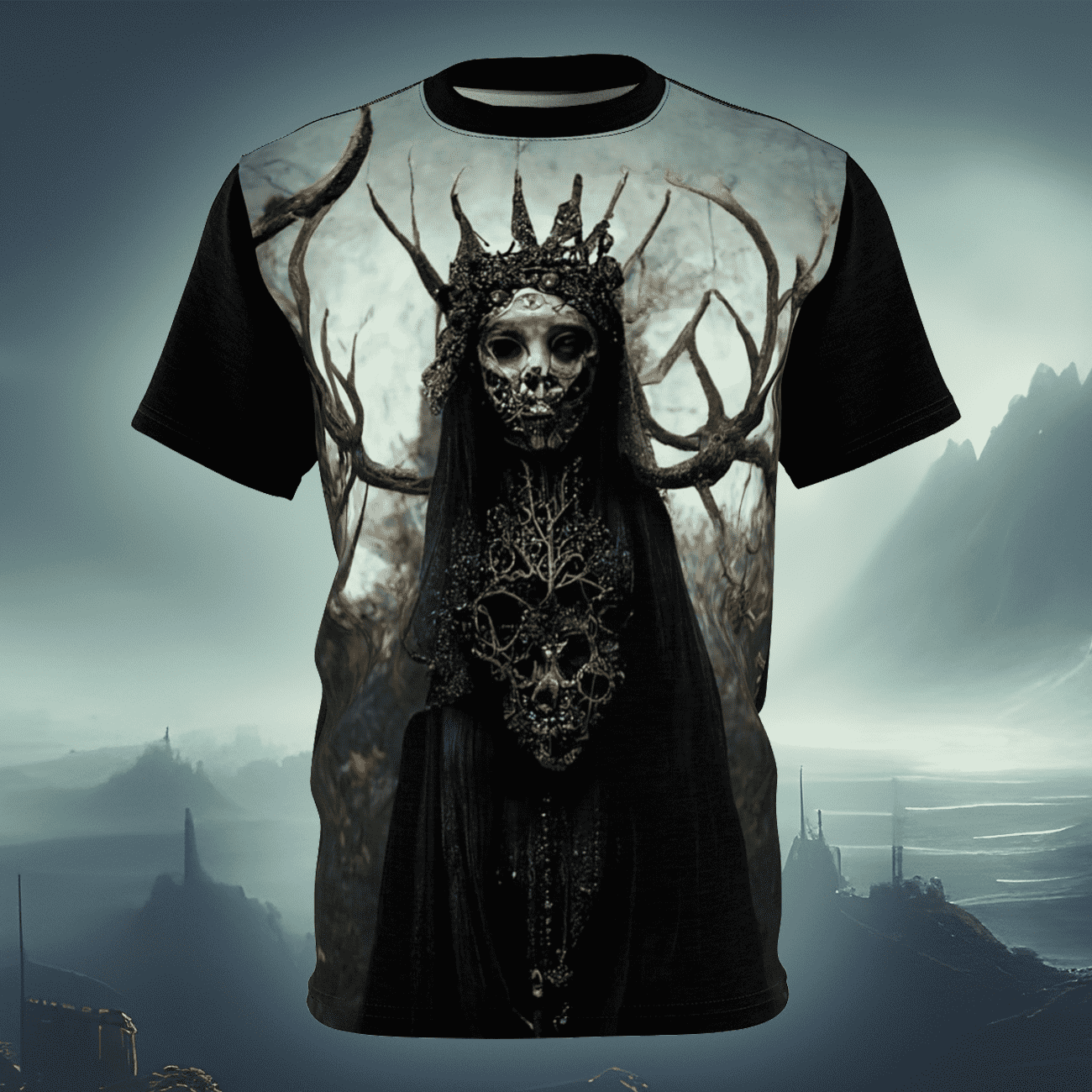 Gothic horror art t-shirt of a terrifying evil witch. ..