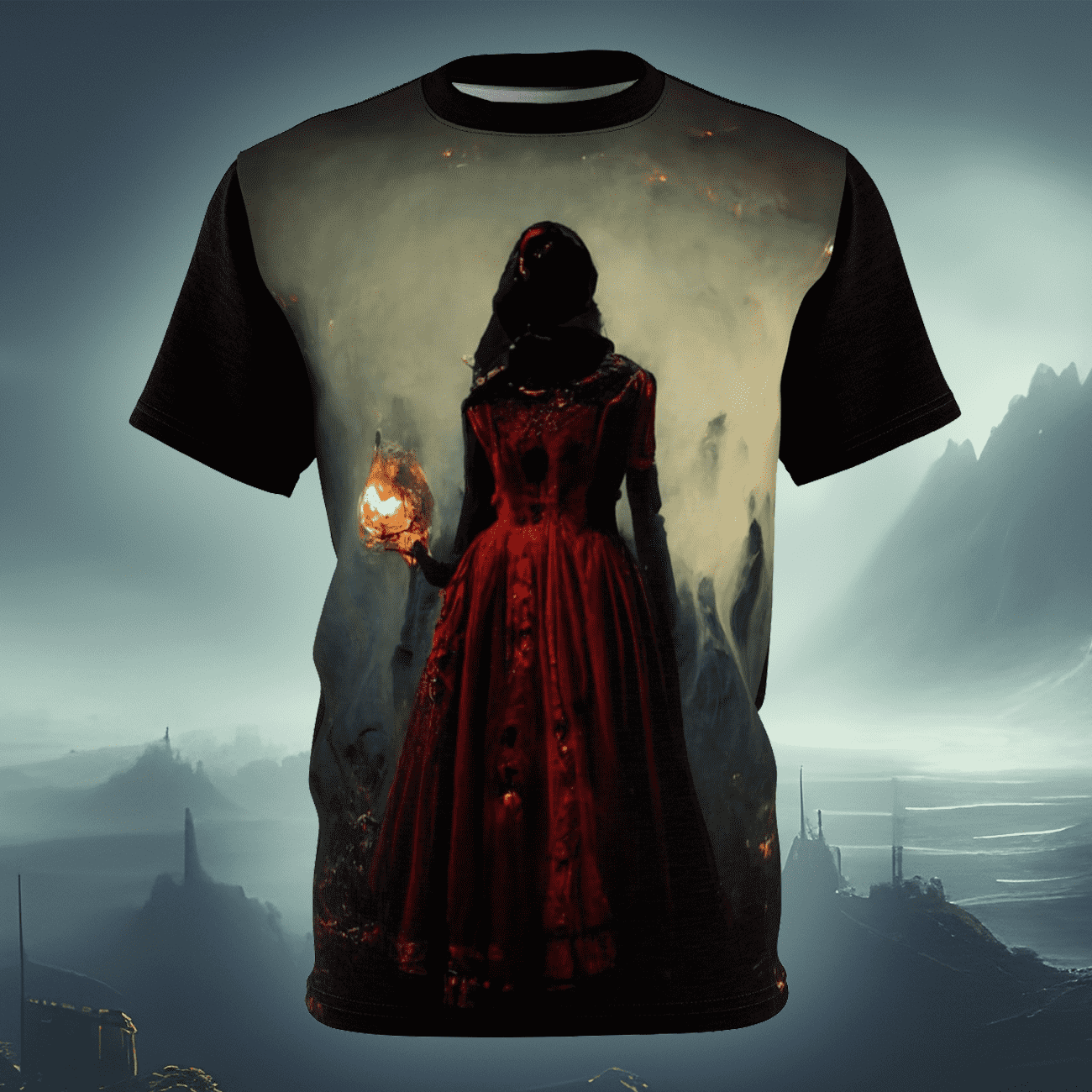Gothic horror art t-shirt of a terrifying witch called The Crimson Queen.