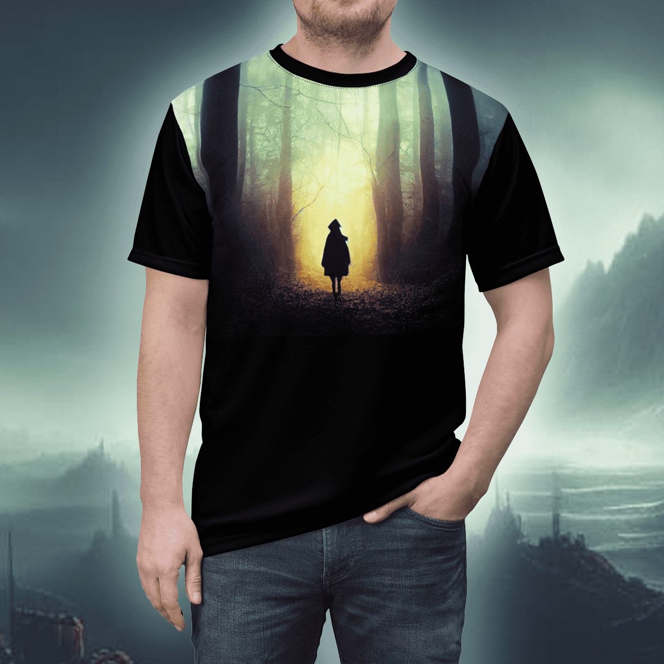 Gothic horror art t-shirt of a spooky, mysterious girl  lost in a forest. Inspired by fairy tales. 