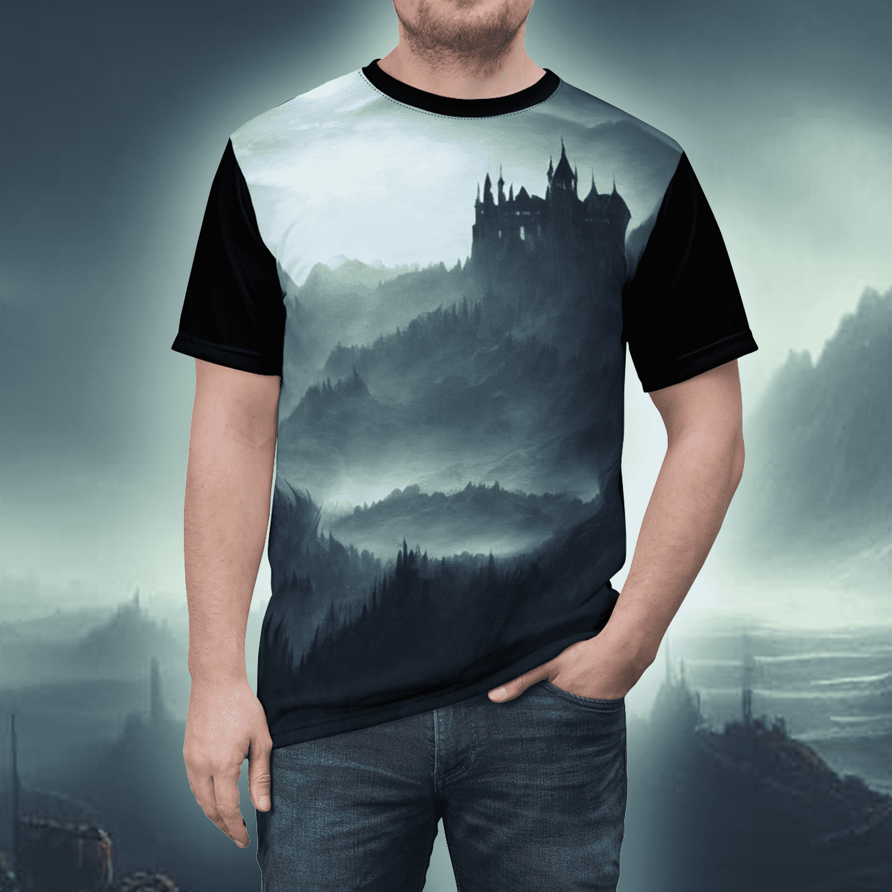Gothic horror art t-shirt of a classic Transylvania style vampire castle from The Broken Realm.