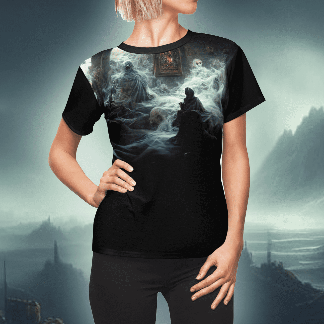 Gothic horror art t-shirt of a creepy haunted scene with ghosts in the fog, an original Horror story from The Broken Realm.