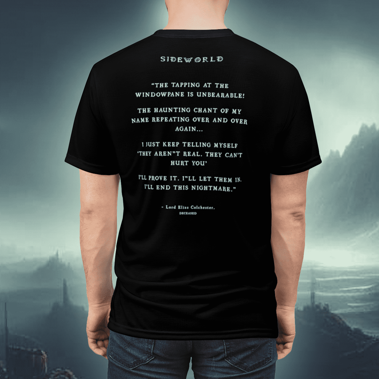 Gothic horror art t-shirt of a creepy haunted scene with ghosts in the fog, an original Horror story from The Broken Realm.