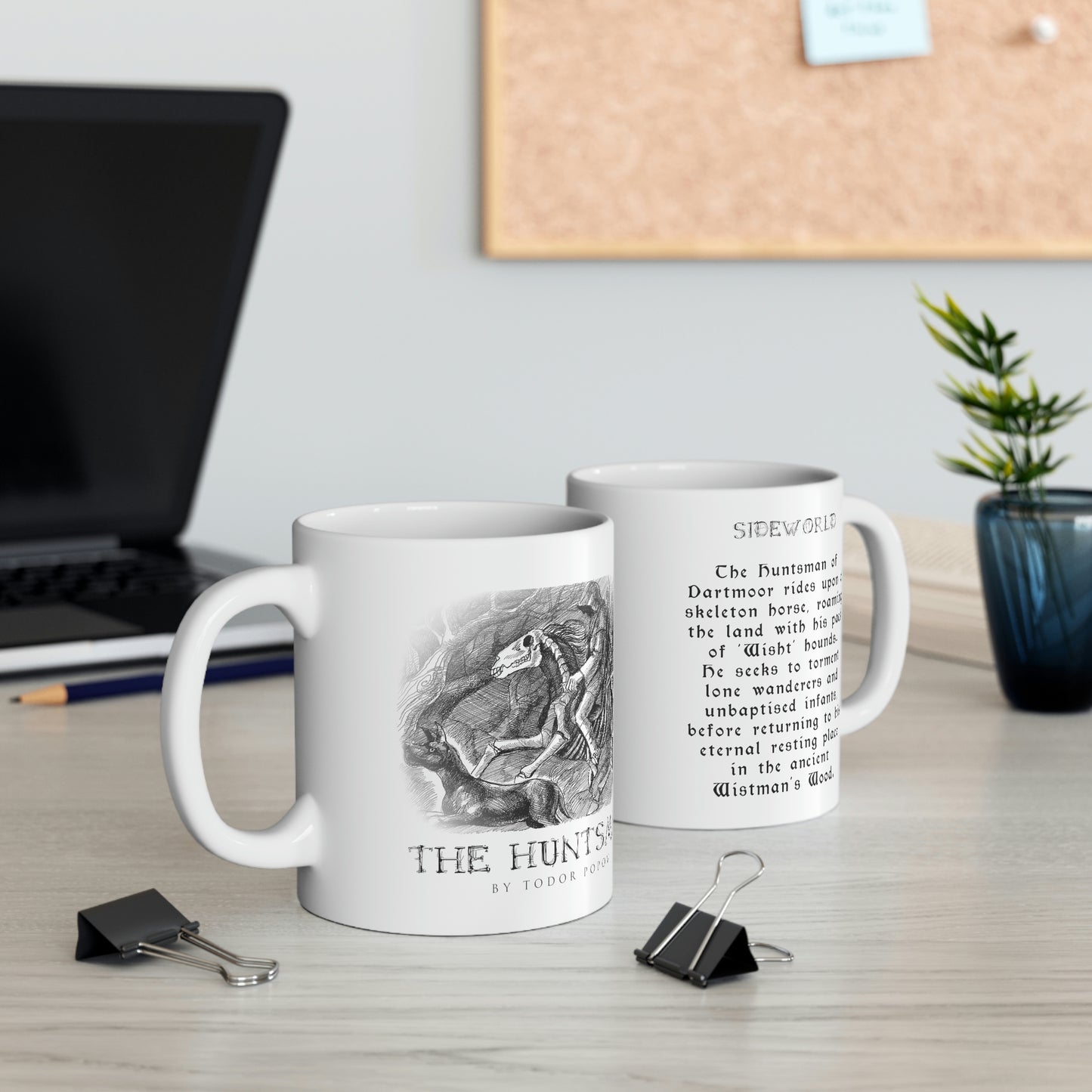 A folk horror mug of original art of the folkloric character The Huntsman of Dartmoor by Bulgarian Artist Todor Popov. With a horror summary of the folklore behind the character.